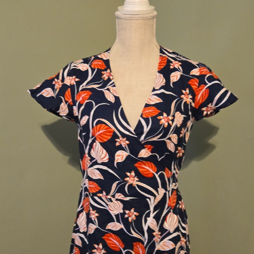 Draper James SIZE 6 Wrap Dress Summer Navy Orange Floral 100% Linen Woman's a1 - Picture 4 of 12